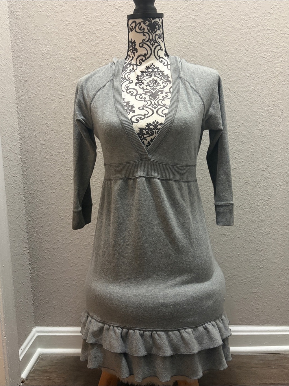 PINK Victoria’s Secret Gray V-Neck Ruffle Hem Dress with hood